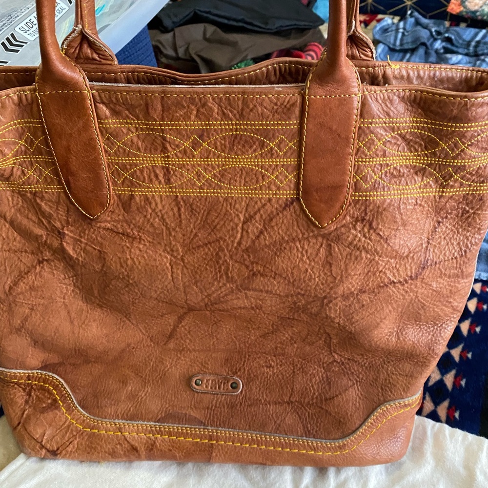 FRYE Vintage  Tan Leather Tote Bag with Yellow Stitching